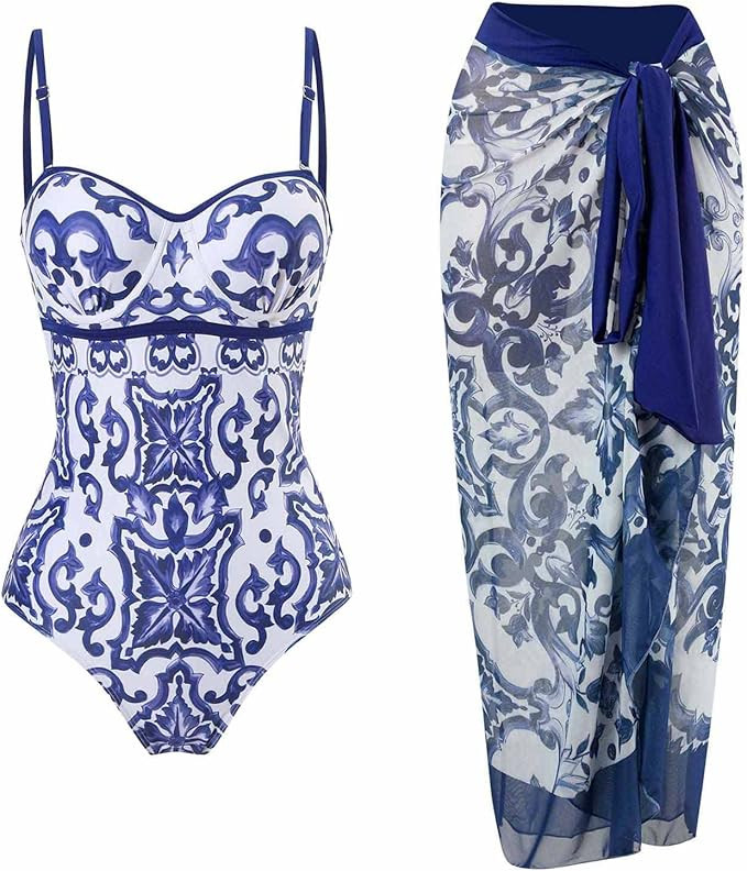 Bikini Set 2 Piece Summer 2023 One Piece Bathing Suit with Bikini Maxi Wrap Skirts Boho Swimsuit ... | Amazon (US)