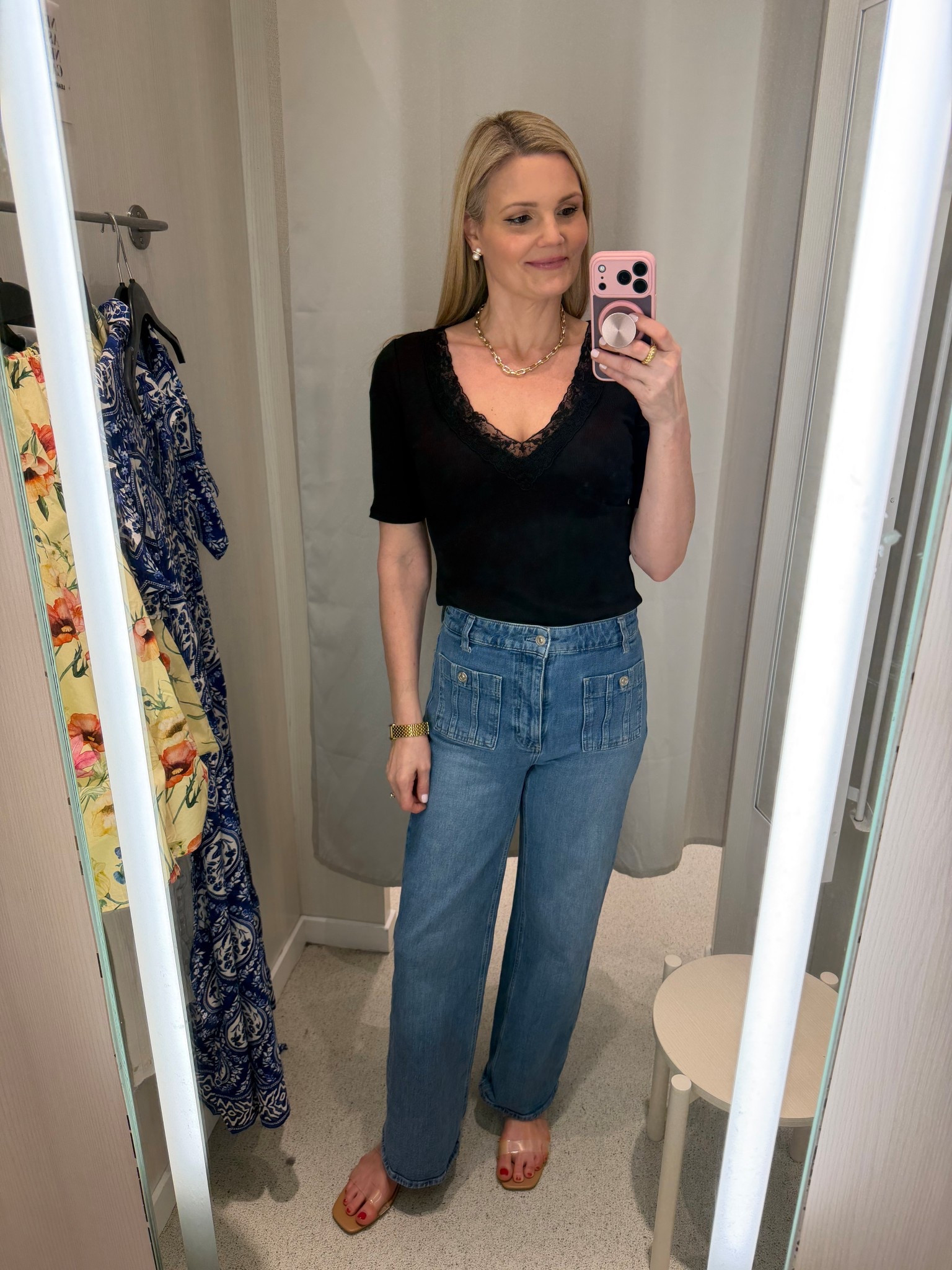 Lace trim black v-neck t-shirt and patch-pocket jeans  

#LTKSeasonal #LTKOver40 #LTKTall