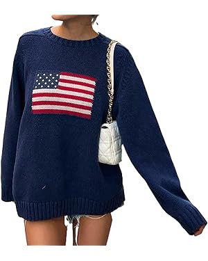 Women's American Flag Sweater Loose Long Sleeve Knit Pullover Top Vintage 4th of July Jumper Patr... | Amazon (US)