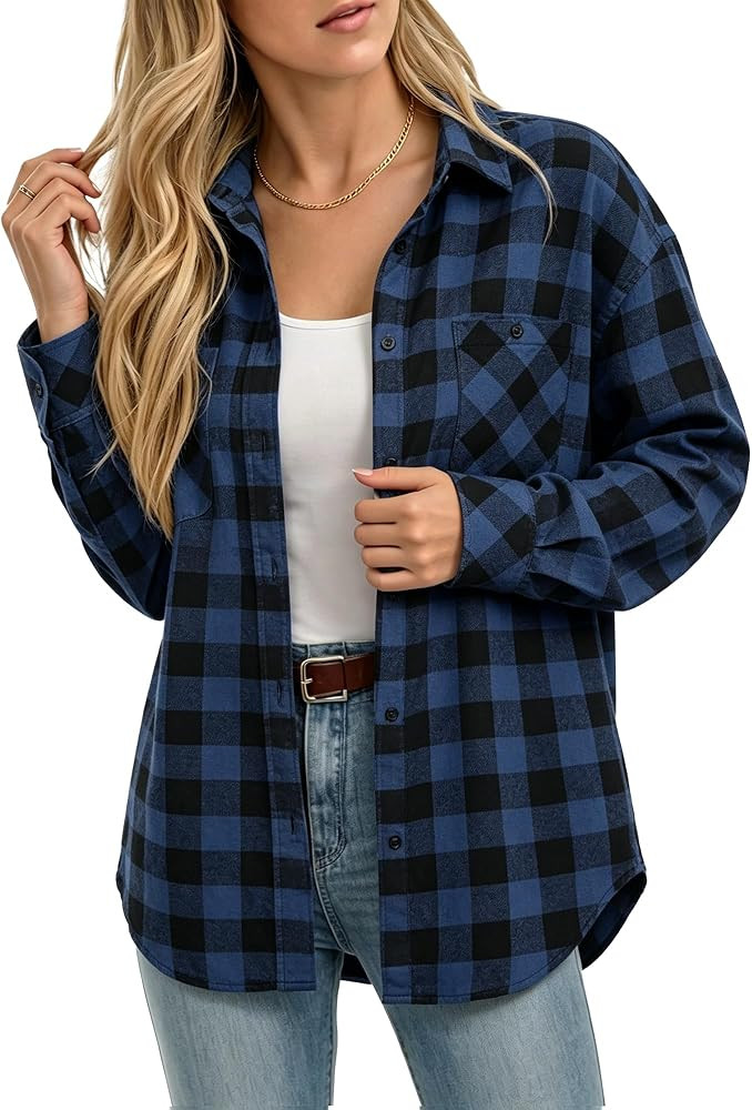 MANGOPOP Year-Round Flannel Shirt for Women - Lightweight Oversized Long Sleeve Button Down Plaid... | Amazon (US)