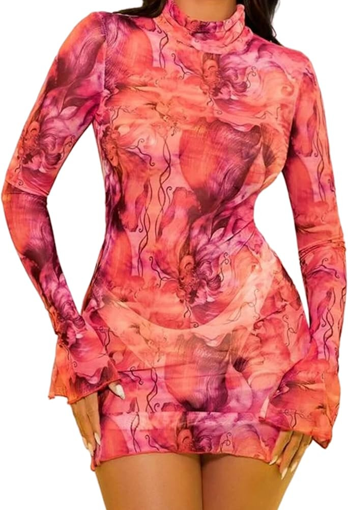 Amazon.com: Women’s Floral Tie Dye Sheer Mesh Mini Dress Sexy Mock Neck Split Bodycon Flared Lo... | Amazon (US)
