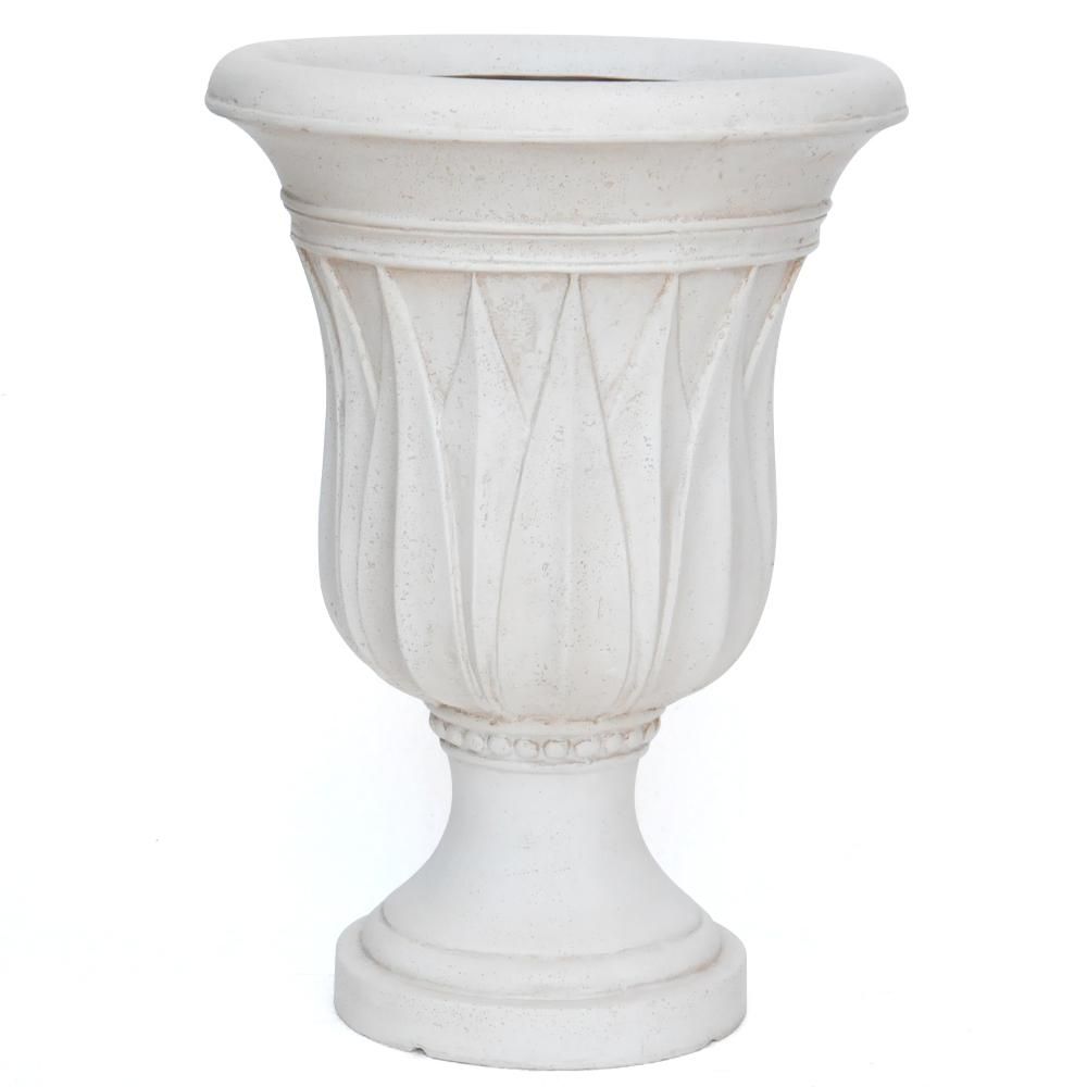 21 in. H. Aged White Cast Stone Sharp Leaf Urn | The Home Depot