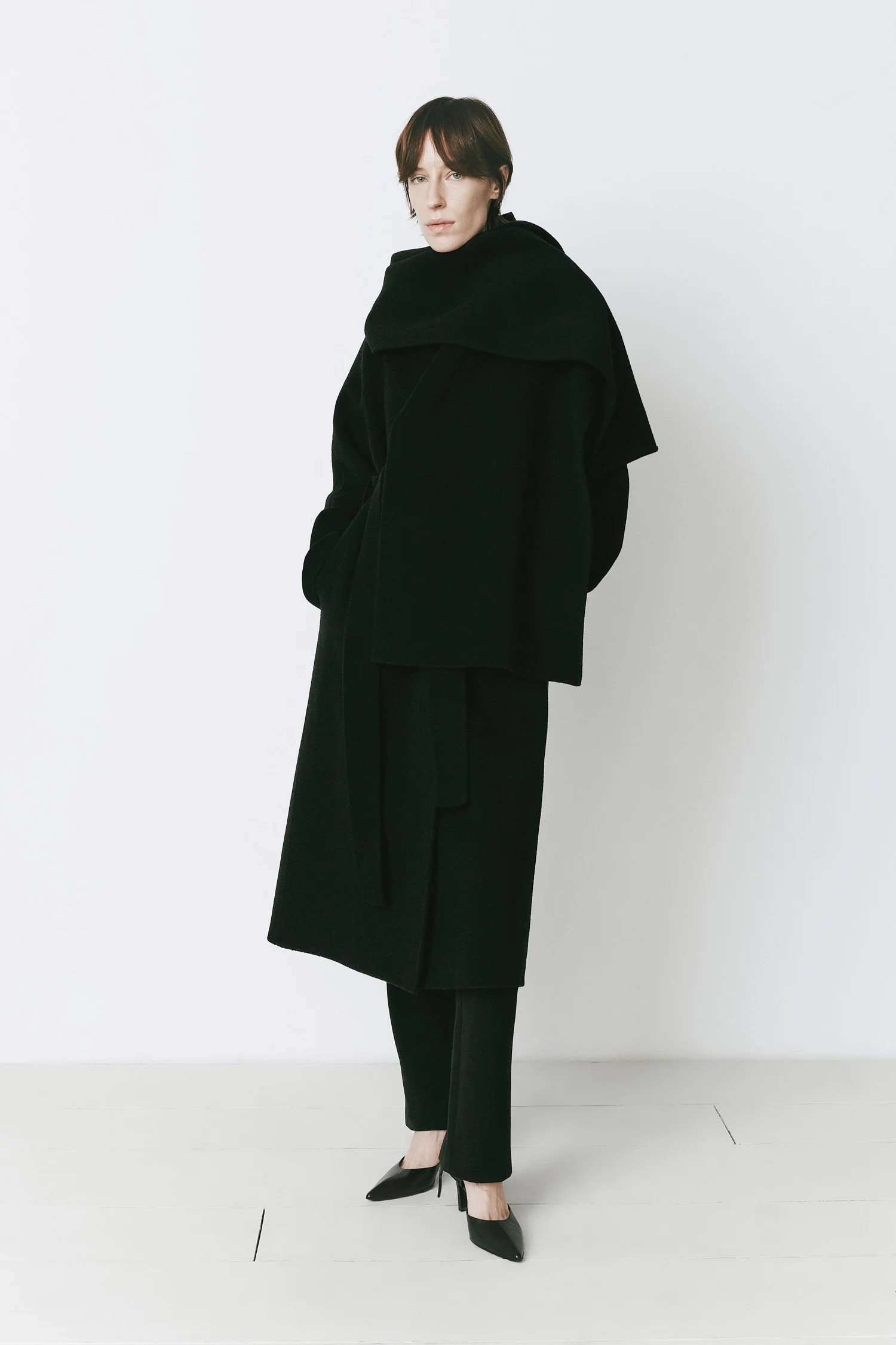 Wool & Cashmere Blend Grand Scarf Coat in Black | Rue Sophie | Rue Sophie
