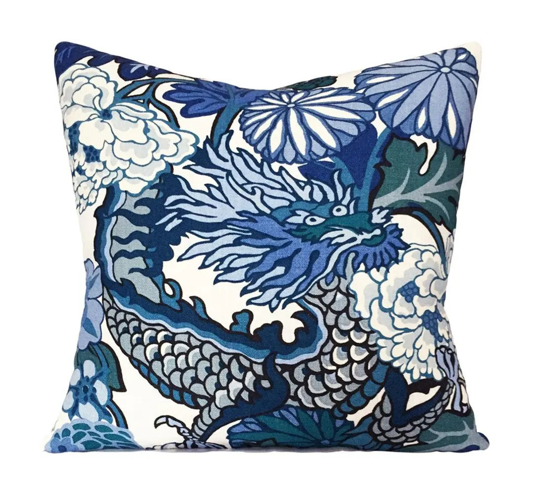 Schumacher Chiang Mai Dragon Pillow Cover: Blue Linen Throw Pillow - Etsy | Etsy (US)