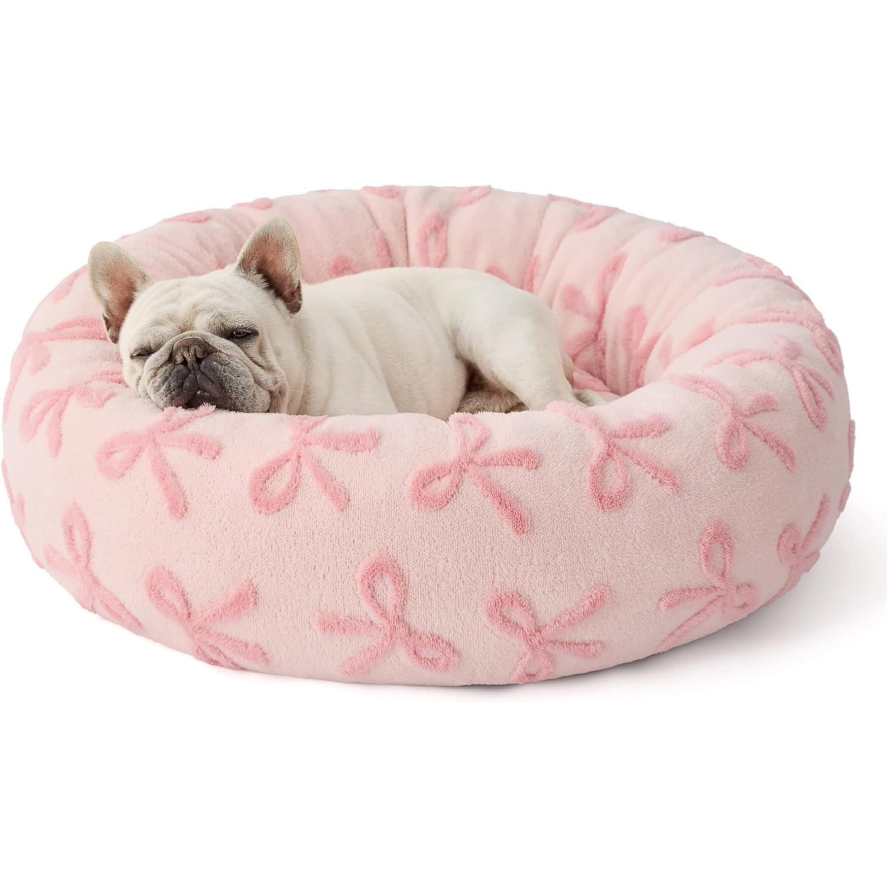 Lesure Calming Cute Modern Plush Jacquard Shaggy Orthopedic Anti-Slip Donut Dog & Cat Bed with Removable Cover, Pink Bows, Medium | Chewy
