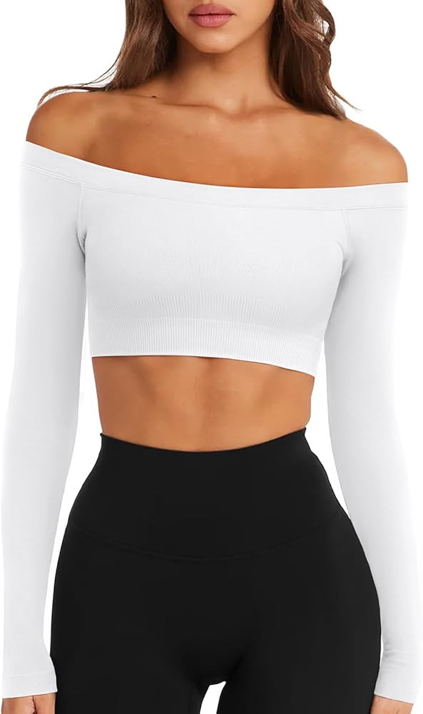 LASLULU Womens Off The Shoulder Tops Seamless Long Sleeve Workout Crop Top Sexy Gym Yoga Going Ou... | Amazon (US)