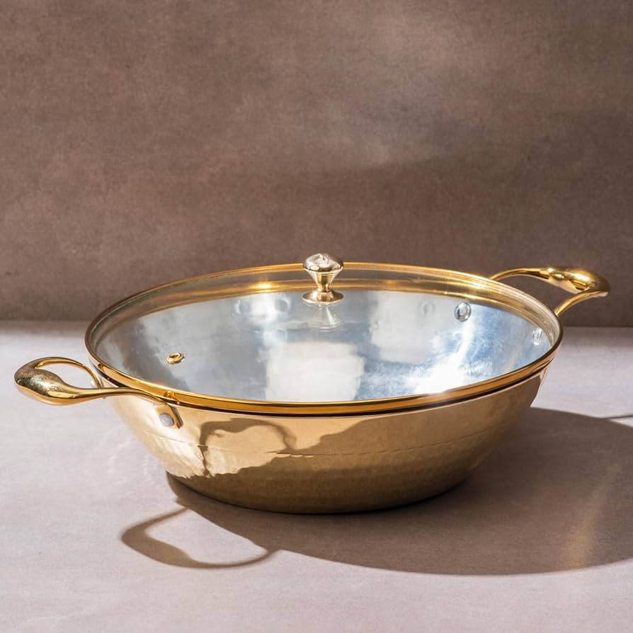 P-TAL Brass Wok With a Lid, Kadhai, Nonstick Wok Pan with a Tin Coating, Non-Toxic Cookware with ... | Amazon (US)