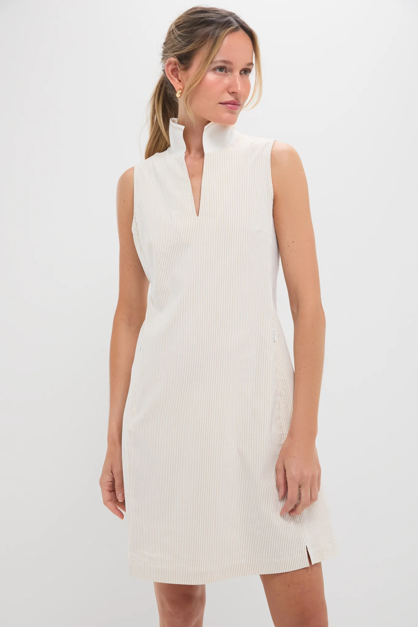 Khaki and White Stripe Performance Seersucker Briar Golf Dress | Tuckernuck (US)