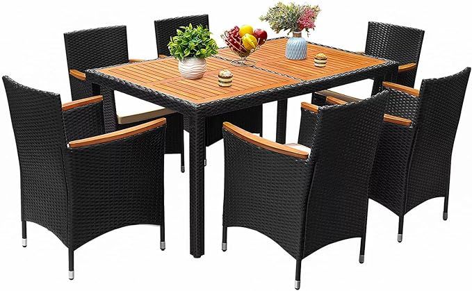 Flamaker 7 Piece Patio Dining Set Outdoor Acacia Wood Table and Chairs with Soft Cushions Wicker ... | Amazon (US)