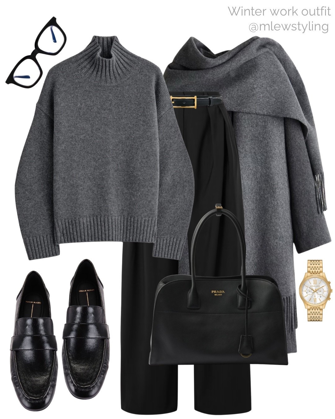 Winter work outfit 🩶

Tags: workwear, black tailored pants, grey scarf coat, Prada leather tote bag, Michael kors gold watch, black leather loafers, blue light glasses, black and gold belt, COS cashmere turtleneck sweater, elevated outfit  

#LTKHoliday #LTKWorkwear #LTKootd
