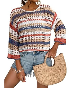 Dokotoo Womens Spring Summer 3/4 Sleeve Crochet Sweater Hollow Out Color Block Striped Tops Casua... | Amazon (US)