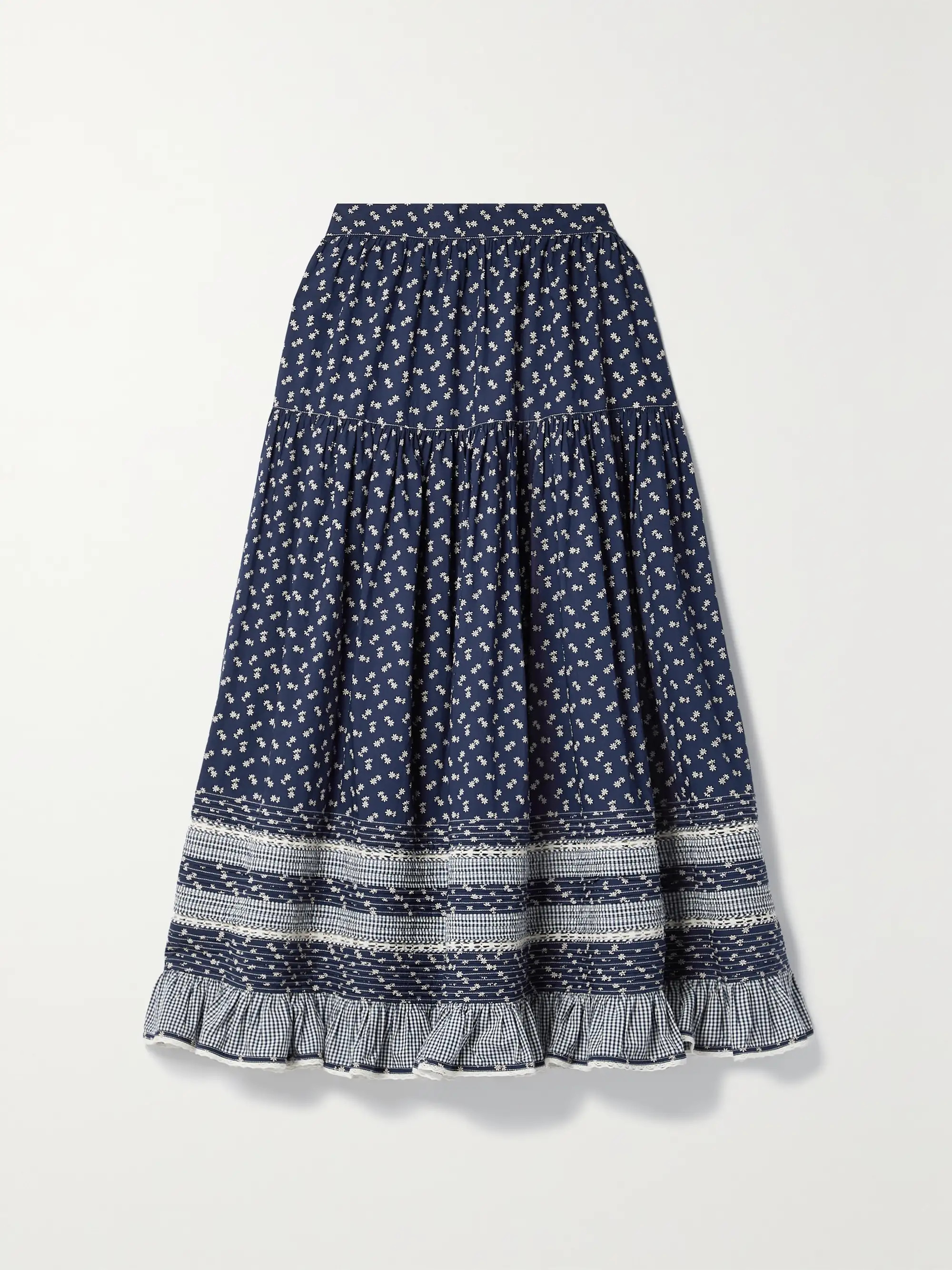 Rosanna crochet lace-trimmed ruffled floral-print organic cotton-poplin midi skirt | NET-A-PORTER APAC