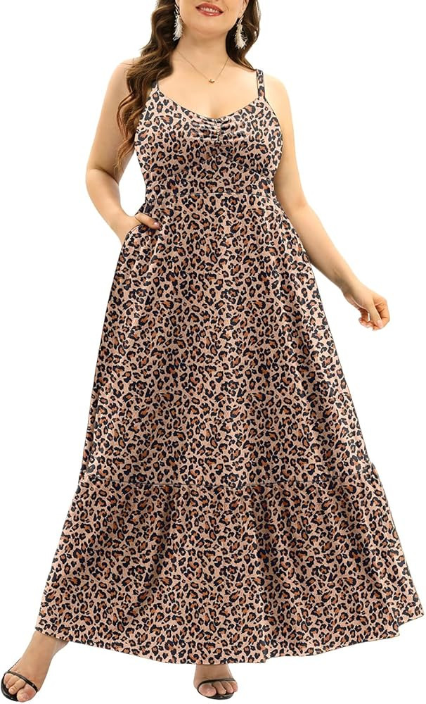 Women's Plus Size Summer Maxi Sun Dress Spaghetti Strap Ruched Bust Long Casual Sundress with Poc... | Amazon (US)