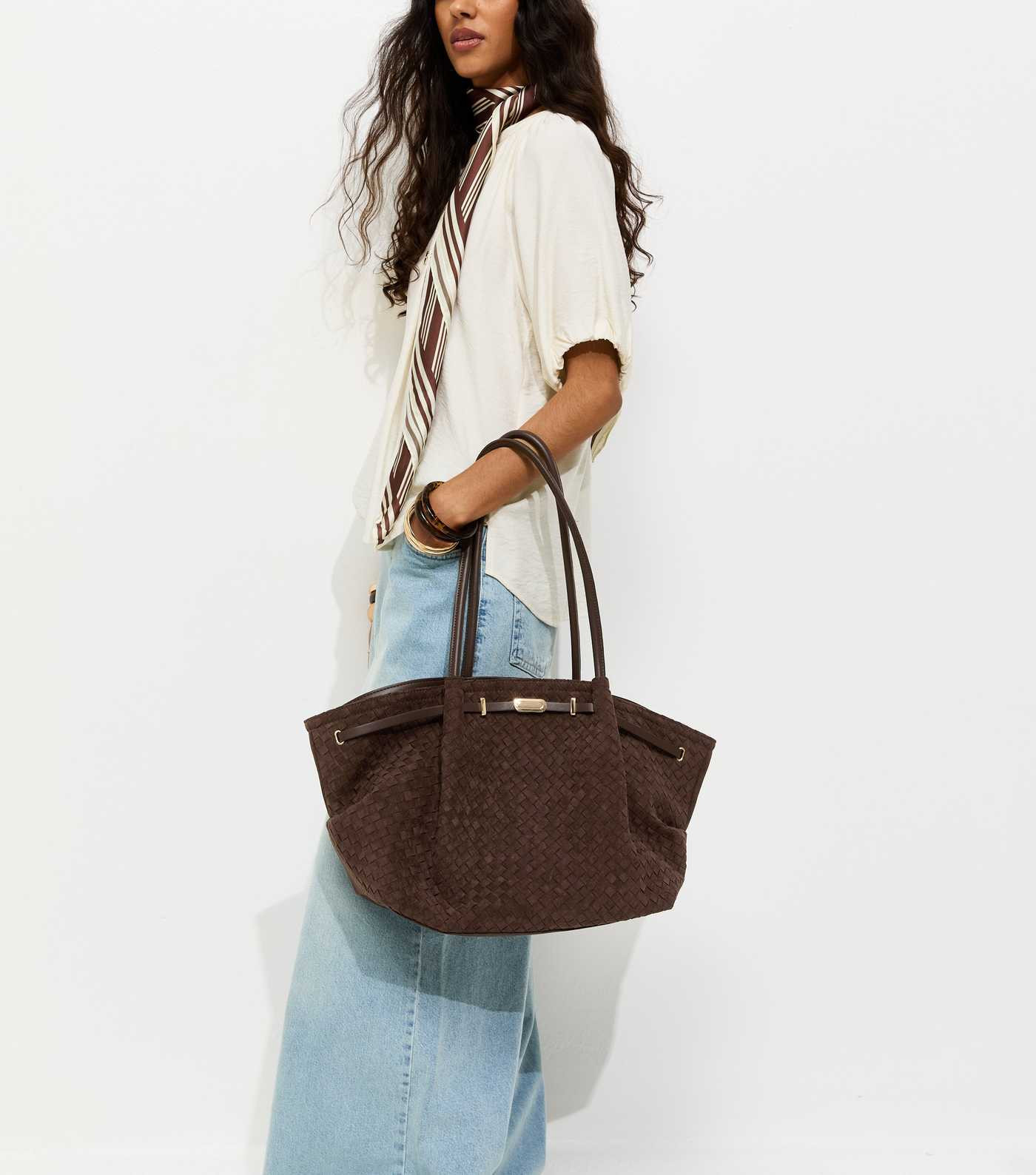 Dark Brown Faux Suede Woven Winged Tote bag | New Look | New Look (UK)