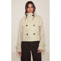 Beige Double Breasted Funnel Neck Cropped Trench Coat | PrettyLittleThing UK