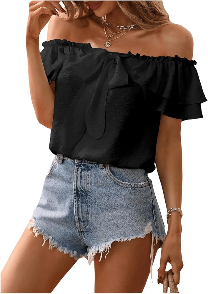 SweatyRocks Women's Off Shoulder Ruffle Trim Knot Front Blouse Tiered Layer Butterfly Short Sleev... | Amazon (US)