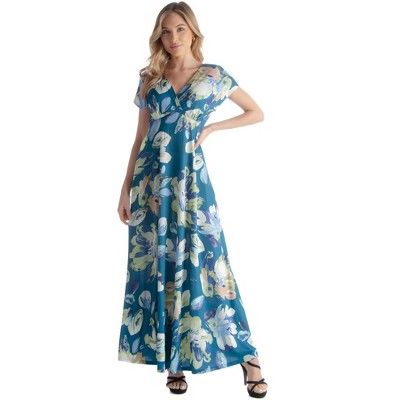 Womens Floral Print Empire Waisted V-Neckline Cap Sleeves Maxi Dress | Target