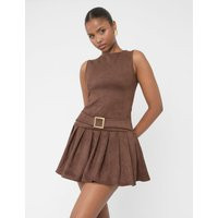 Suedette Buckle Detail Pleated Mini Dress Brown | Public Desire (US & CA)