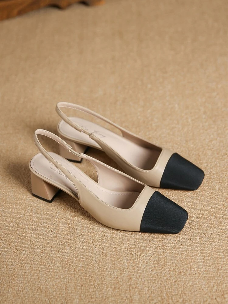 Fashion Pumps For Women, Two Tone Square Toe Chunky Heeled Slingback Pumps | SHEIN