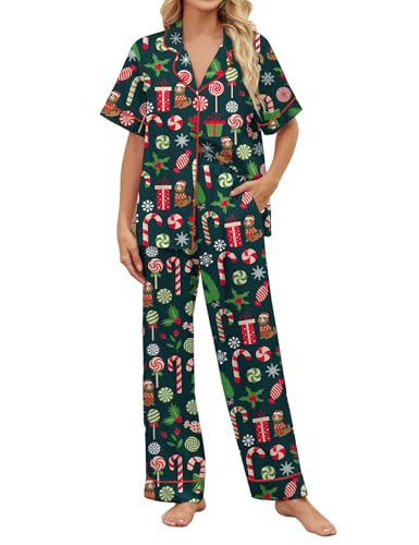 SHESHOW Womens Christmas Pajama Sets Short Sleeve Long Pants Satin Christmas Candy Pajamas for Women Set Pink S | Amazon (US)