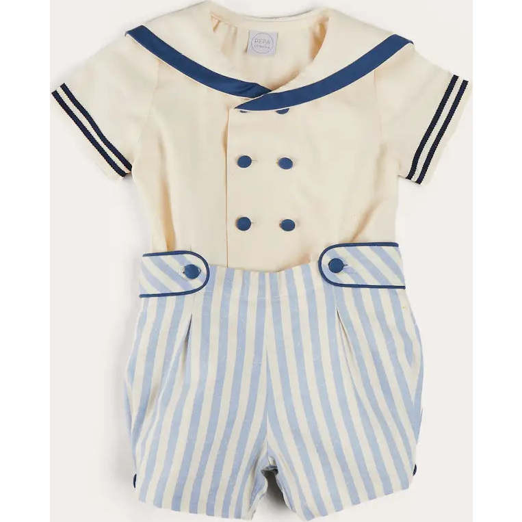 Regency Stripe Mariner Collar Two Piece Set With Bloomers in Blue | Maisonette