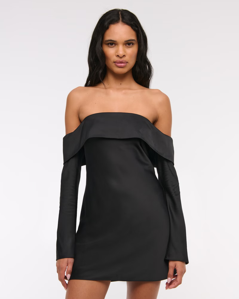 Women's Long-Sleeve Off-The-Shoulder Satin Mini Dress | Women's New Arrivals | Abercrombie.com | Abercrombie & Fitch (US)