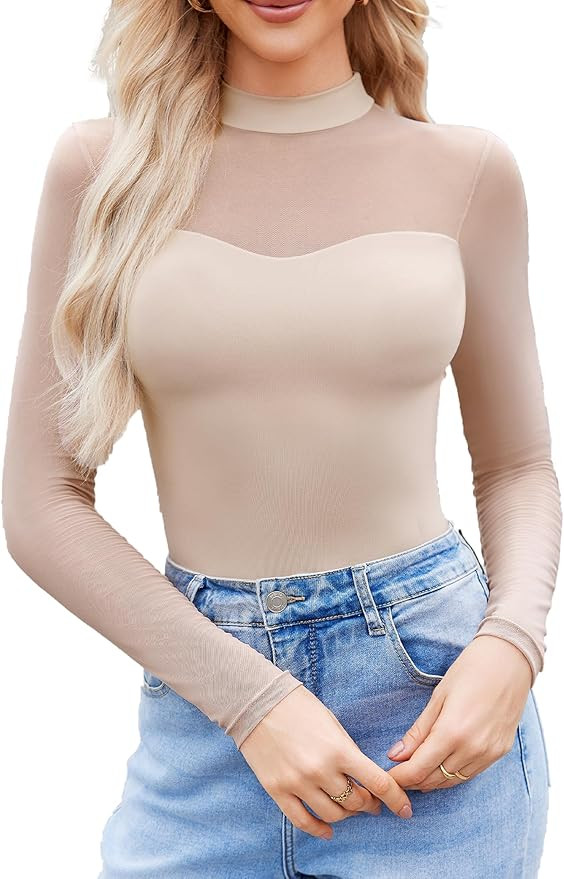 Avidlove Sexy Mock Turtle Neck Sheer Mesh Long Sleeve Bodysuit Shirts Ruched Body Suit Leotard To... | Amazon (US)