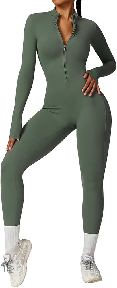 ECUPPER Women Long Sleeve Bodycon Jumpsuits Workout Zip Up Unitard One Piece Full Bodysuits Sexy ... | Amazon (US)