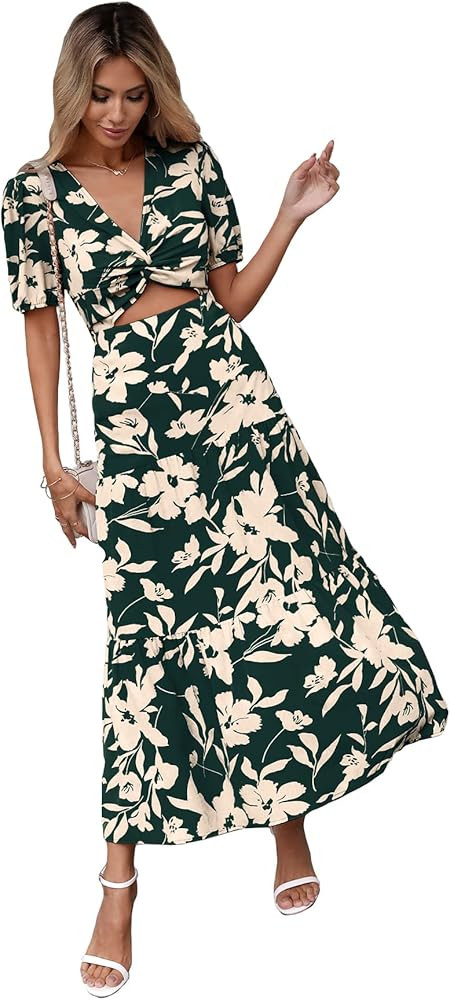 SweatyRocks Women's Boho Floral Puff Sleeve Cut Out Dress Tie Back A Line Midi Dresses | Amazon (US)