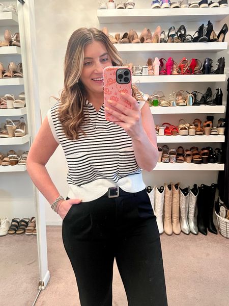 Casual workwear outfit, spring outfit, striped sleeveless sweater, dress pants, joggers, elastic waistband, black buckle ballet flats, casual outfit 


#LTKShoeCrush #LTKFindsUnder50 #LTKStyleTip