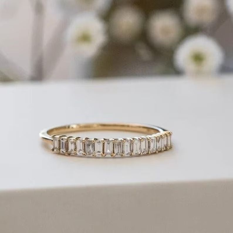 Baguette Diamond Ring, Half Eternity Baguette Diamond Wedding Band, Rose Gold Wedding Band Women ... | Etsy (US)