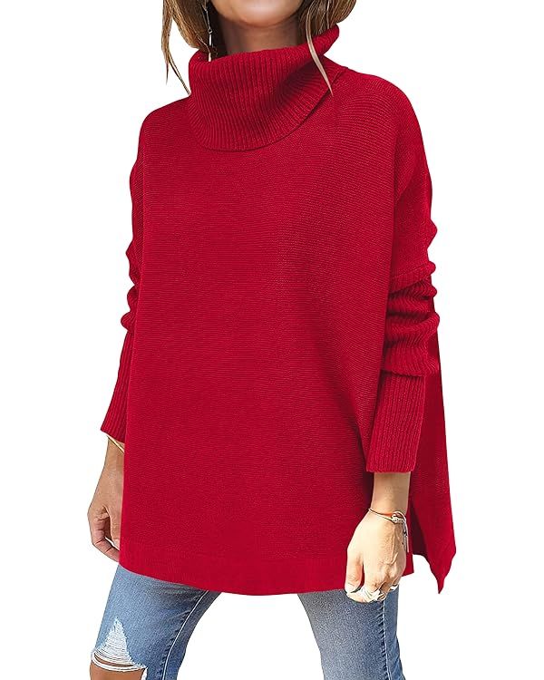 ANRABESS Women's Turtleneck Oversized 2023 Long Batwing Sleeve Spilt Hem Knit Tunic Pullover Swea... | Amazon (US)