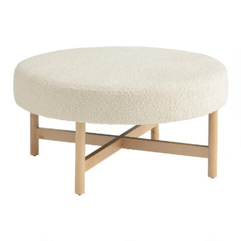Pippa Round Ivory Faux Sherpa Upholstered Ottoman | World Market