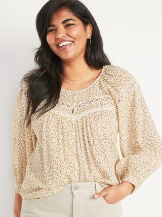 Long-Sleeve Lace-Trimmed Floral-Print Blouse for Women | Old Navy (US)