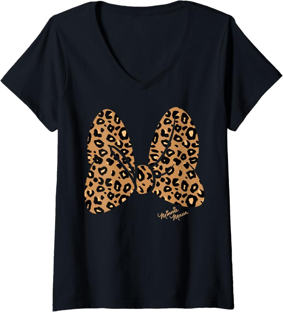 Womens Disney Minnie Mouse Leopard Print Bow V-Neck T-Shirt,Short Sleeve | Amazon (US)