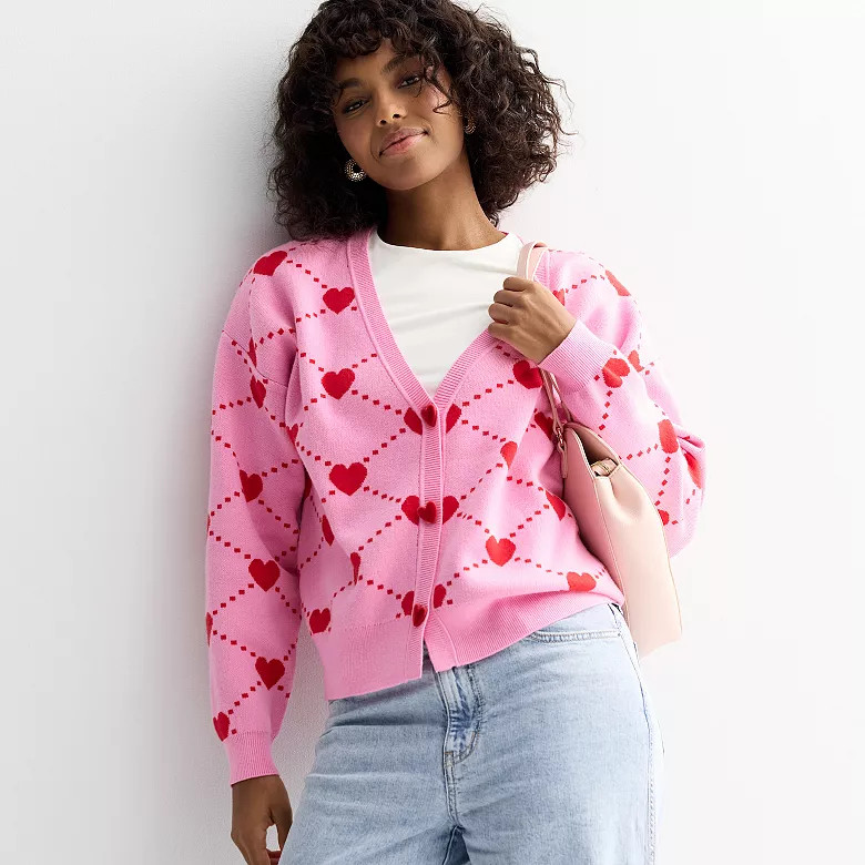 Juniors' FOREVER & EVER Long Sleeve Heart And Bow Button Front Sweater | Kohl's