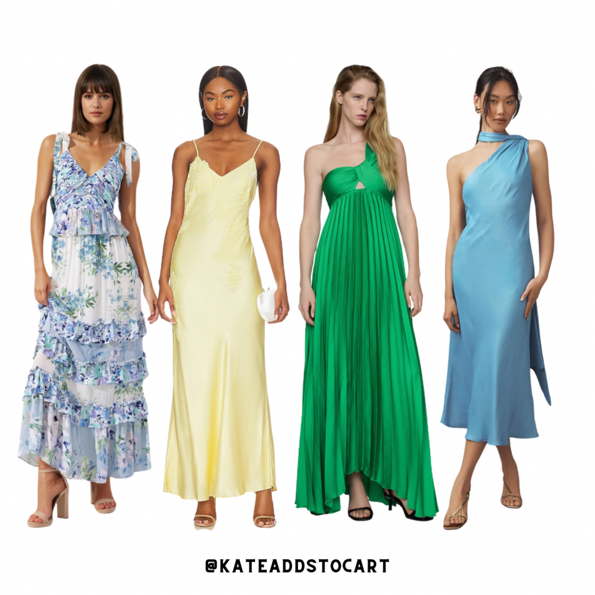 Bridesmaids dress inspo with a fun color palette 💚💙💛