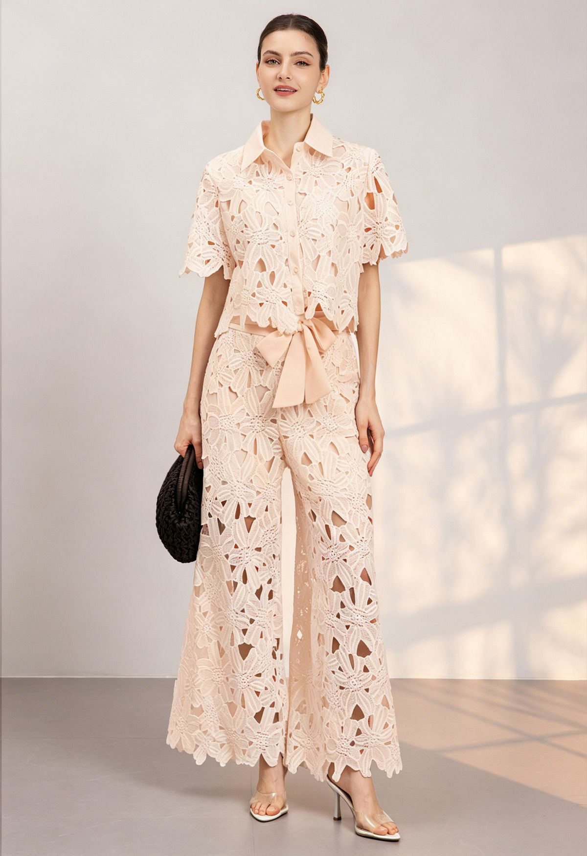 Guipure Lace Crop Shirt and Tie-Waist Pants Set in Apricot for Resort Vacations & Daytime Occasio... | Chicwish