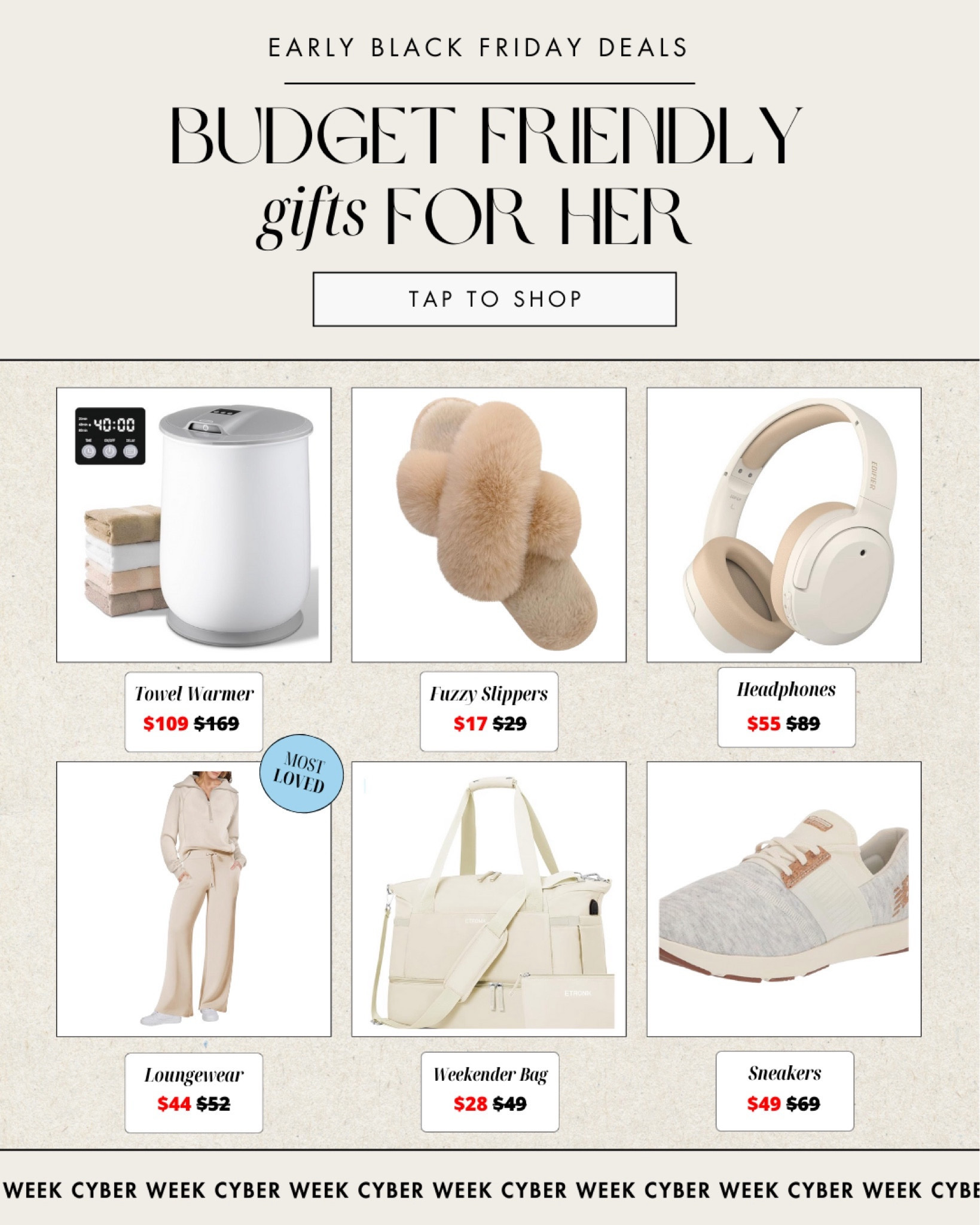 Gift guide for budget friendly gifts for her. Includes a towel warmer, fuzzy slippers, headphones, loungewear, weekender bag, & sneakers. Take advantage of these early Black Friday deals! 

#LTKCyberWeek #LTKHoliday #LTKGiftGuide