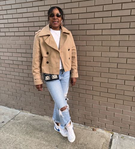 Weekend casual outfit distressed jeans cropped trench white muscle shirt Nike blazers gucci dionysus crossbody rayban sunglasses statement earrings 

#LTKover40 #LTKfindsunder100 #LTKstyletip