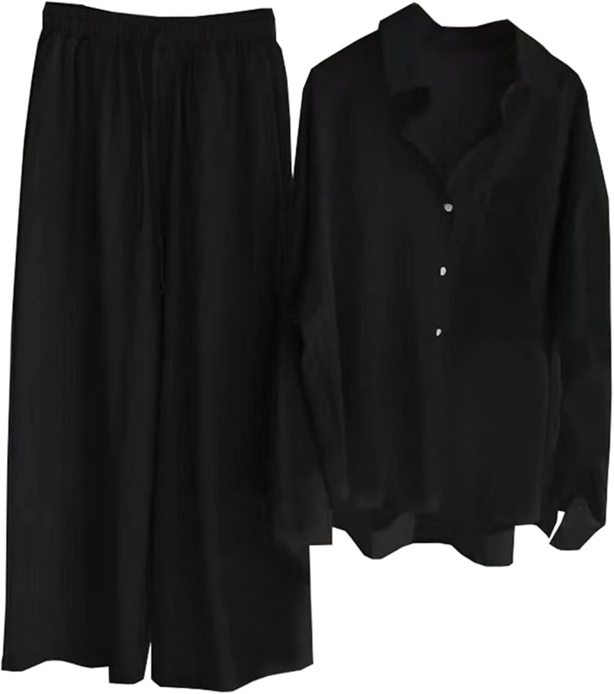 Women's 2 Piece Set, Linen Button Down Shirt + Wide Leg Pants Tracksuit | Amazon (US)