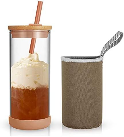 Tronco Iced Coffee Cup Glass Tumbler with Straw and Bamboo Lid|Wide Mouth Reusable Smoothie Cup with | Amazon (US)