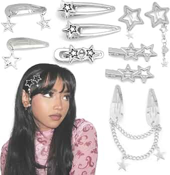 10PCS Star Hair Clips Y2K Silver Hair Clips Metal Star Barrettes 8 Shapes Pentagram Hair Snap Cli... | Amazon (US)