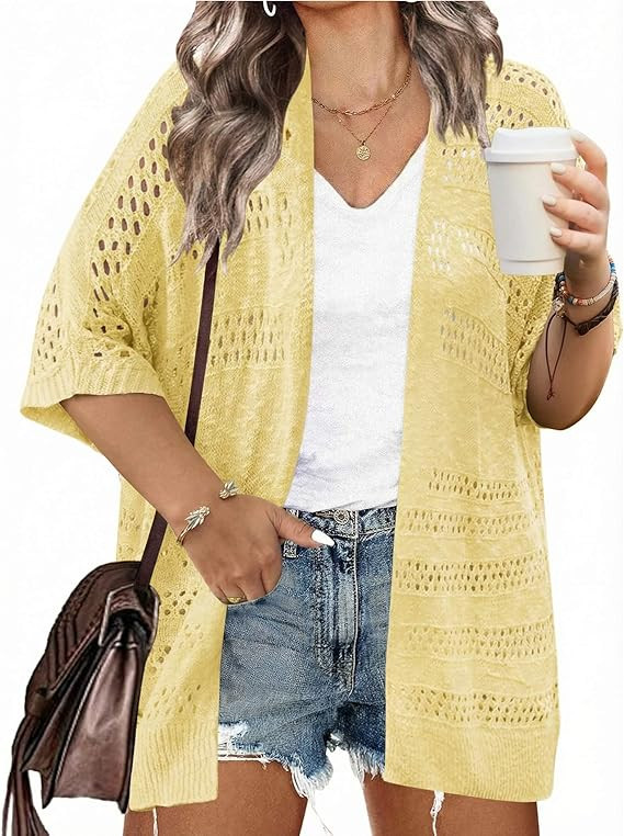 IN'VOLAND Plus Size Lightweight Crochet Cardigan for Women Short Sleeve Summer Kimonos Boho Open ... | Amazon (US)