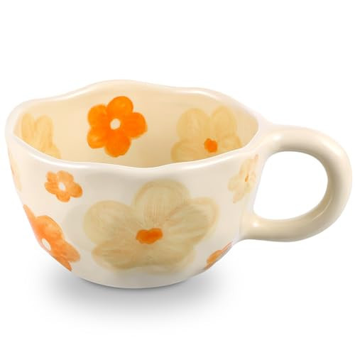 NAYAHOSE Ceramic Coffee Mug, Creative Cute Coffee Mugs Handheld Irregular Aesthetic Flower Ceramic Mug for Women Latte Tea Milk Oats Cup Breakfast Cups，8.5 oz/250 ml (Orange Wildflower) | Amazon (US)