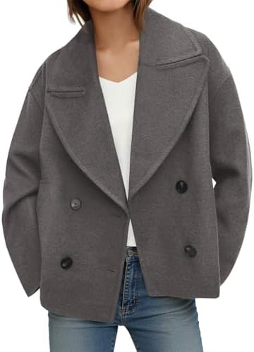 Tankaneo Womens Cropped Wool Blend Pea Coat Casual Long Sleeve Double Breasted Notched Lapel Over... | Amazon (US)