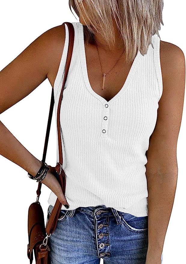 MEROKEETY Womens V Neck Tank Tops Summer Sleeveless Ribbed Button Casual Henley Shirts | Amazon (US)