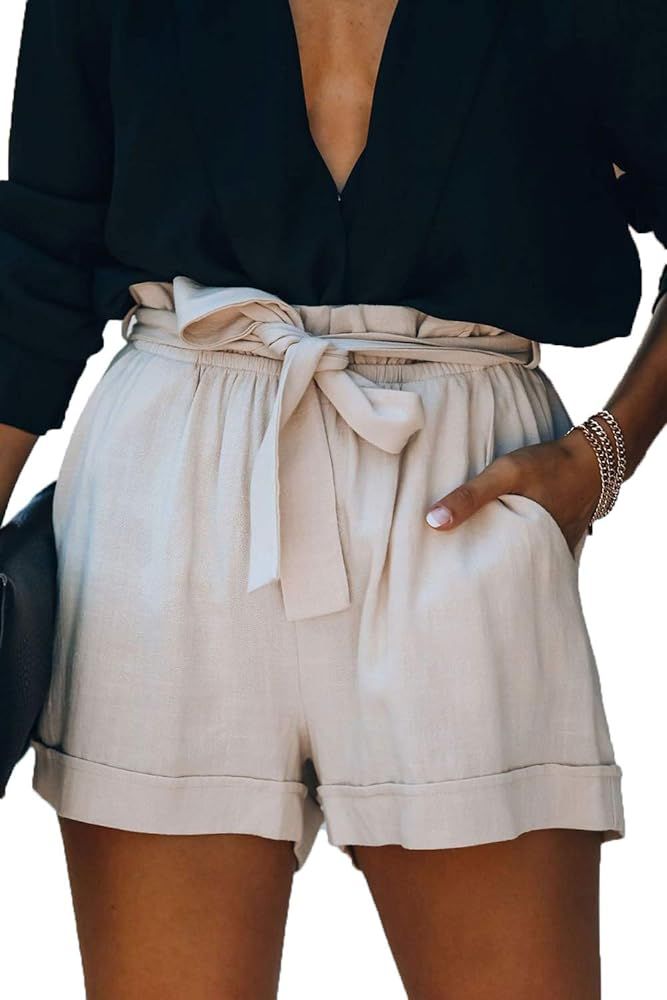 Womens Cotton Linen Shorts Soft Elastic Waist Summer Casual Short Pants | Amazon (US)