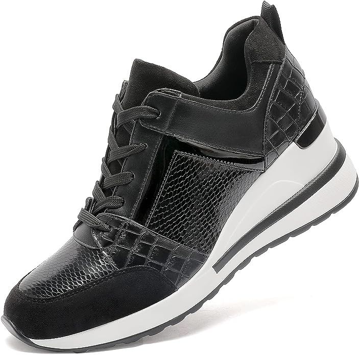 Amazon.com | YZ Fashion Wedge Sneaker for Women High Heel Lace Up Platform Sneakers Black, 10.0 |... | Amazon (US)