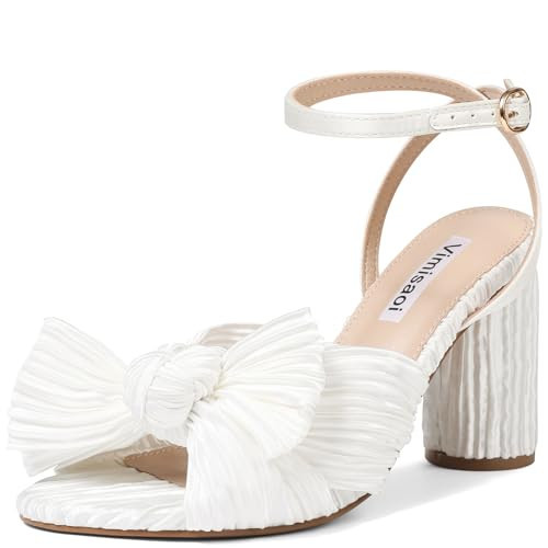 VIMISAOI Women's Bow Knot Heeled Sandals Open Toe High Block Chunky Heels Ankle Buckle Strap Pleated Bride Wedding Party Dress Shoes | Amazon (US)